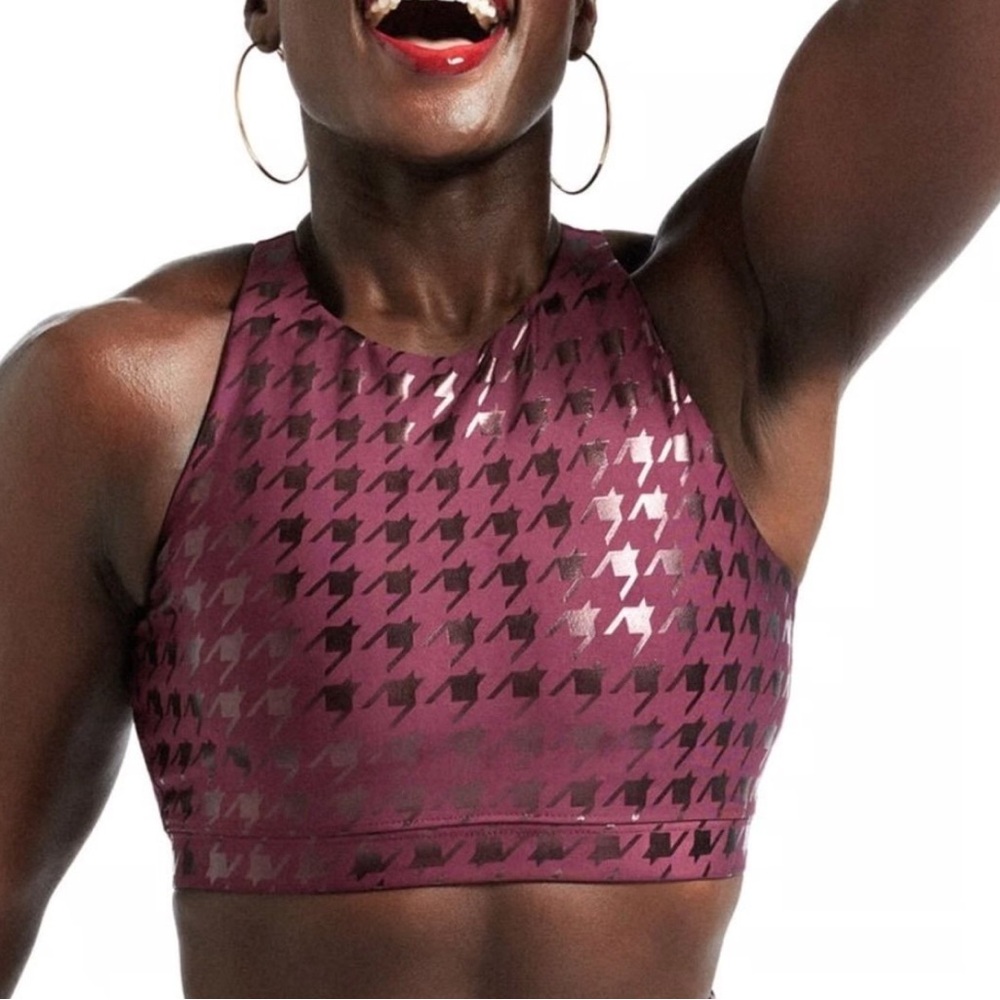 PELOTON Show Up Houndstooth High Neck Bra Top Burgundy Red Size Medium EUC